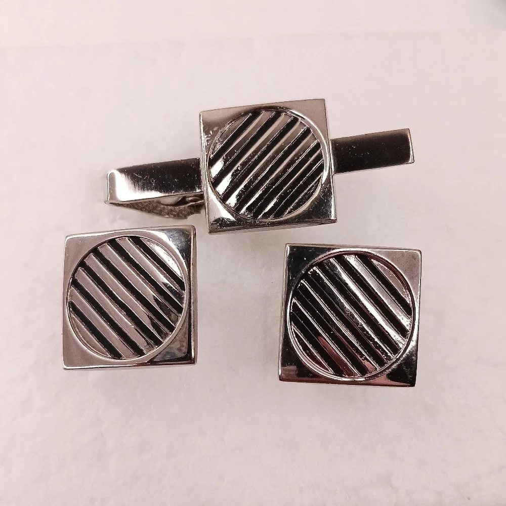 Tie Clip Bar, Cufflinks, Silver Black Vintage Space Age Graphics Classic Atomic